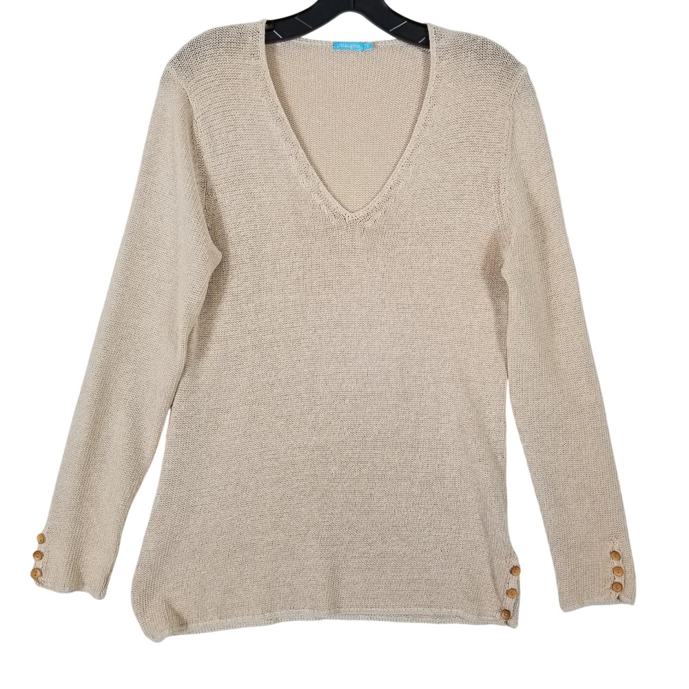 J.McLaughlin Womens V-Neck‎ Sweater Beige Cotton Blend Button Detail Size S
